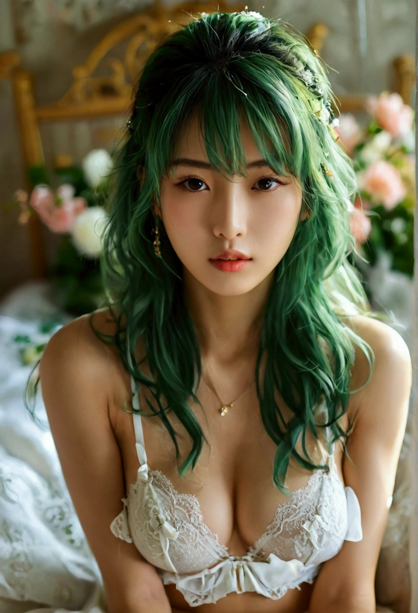 最高masterpiece,girl， Funeral of Frieren,Uber,（masterpiece： 1.4）， （8K， Really， RAW Photos， Highest quality： 1.4）， Japanese， （girl1名）， Beautiful Face， （True Face： 1.4）， （Side Tail， Green Hair： 1.3）， Hairstyle,Beautiful and fine details， （Real Skin： 1.3）， Beautiful skins， Charm， Ultra-high resolution， Kilo， Golden Ratio， （Detailed face： 1.4）， （Japanese actor： Haruna Kawaguchi），White semi-transparent lace bra，Wet white translucent panties，Browsing Caution，big，Big butt emphasis，The nipple areola is clearly defined，Looking into the camera，Sit on the bed，The shape of the genitals shows through，Drenched in sweat，Obscene pose（Bend your knees and spread your legs）