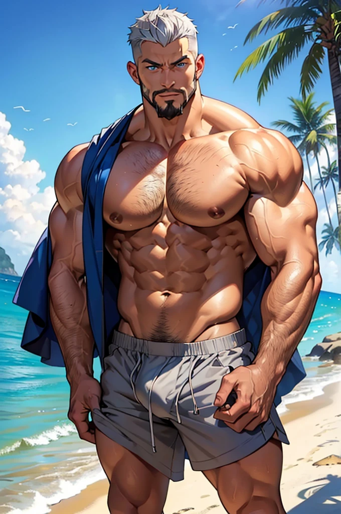 young muscular man, rectangular body, trapezoidal head, with blue eyes, Latin features with goatee style beard and short silver hair, unclothed, naked, Bulging crotch, detailed crotch, velludo, flexing muscles and tanned skin, posing standing on a beach