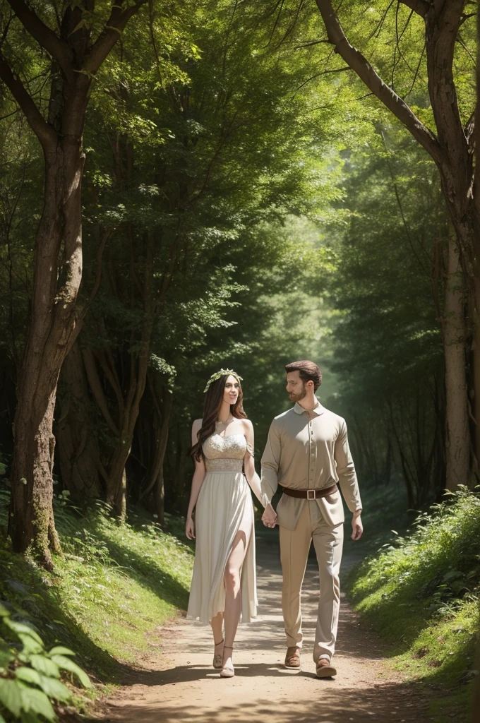 Adam and Eve from the Bible holding hands alone walking through a beautiful forest they are both wearing leafy clothes