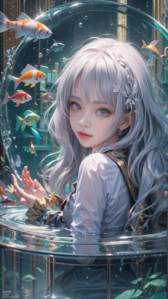 Best Quality, masutepiece, (Realistic:1.2), 1 girl, Detailed face, Beautiful eyes, [(Transparent background:1.5)::5],(((masutepiece))),(((Best Quality))),(((Extremely detailed))),Illustration, 1girll,Solo,Mysterious,vivd colour, shiny, Underwater transparent sealed hemispherical glass dome, (White hair),(Purple eyes), full body Esbian, Barefoot, Tranquility of long hair、naturey, Koi, under the water, dome, close up, Dynamic Actions, Lens perspective,(((Box configuration))),Sitting cross-legged，Leaning against the bookshelf, voluminetric lighting, multi-color eyes, Detailed eyes, ultra - detailed, lightsmile, Highly detailed, Beautiful, small detailed, ultra-detailliert, Best Quality, Convoluted, 4K, 8K, Trending on Art Station, Good anatomy, Beautiful lighting, Award-winning,