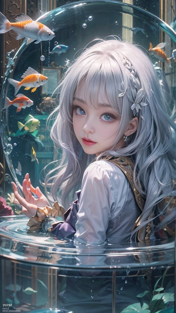 Best Quality, masutepiece, (Realistic:1.2), 1 girl, Detailed face, Beautiful eyes, [(Transparent background:1.5)::5],(((masutepiece))),(((Best Quality))),(((Extremely detailed))),Illustration, 1girll,Solo,Mysterious,vivd colour, shiny, Underwater transparent sealed hemispherical glass dome, (White hair),(Purple eyes), full body Esbian, Barefoot, Tranquility of long hair、naturey, Koi, under the water, dome, close up, Dynamic Actions, Lens perspective,(((Box configuration))),Sitting cross-legged，Leaning against the bookshelf, voluminetric lighting, multi-color eyes, Detailed eyes, ultra - detailed, lightsmile, Highly detailed, Beautiful, small detailed, ultra-detailliert, Best Quality, Convoluted, 4K, 8K, Trending on Art Station, Good anatomy, Beautiful lighting, Award-winning,