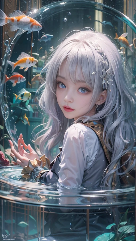 Best Quality, masutepiece, (Realistic:1.2), 1 girl, Detailed face, Beautiful eyes, [(Transparent background:1.5)::5],(((masutepiece))),(((Best Quality))),(((Extremely detailed))),Illustration, 1girll,Solo,Mysterious,vivd colour, shiny, Underwater transparent sealed hemispherical glass dome, (White hair),(Purple eyes), full body Esbian, Barefoot, Tranquility of long hair、naturey, Koi, under the water, dome, close up, Dynamic Actions, Lens perspective,(((Box configuration))),Sitting cross-legged，Leaning against the bookshelf, voluminetric lighting, multi-color eyes, Detailed eyes, ultra - detailed, lightsmile, Highly detailed, Beautiful, small detailed, ultra-detailliert, Best Quality, Convoluted, 4K, 8K, Trending on Art Station, Good anatomy, Beautiful lighting, Award-winning,