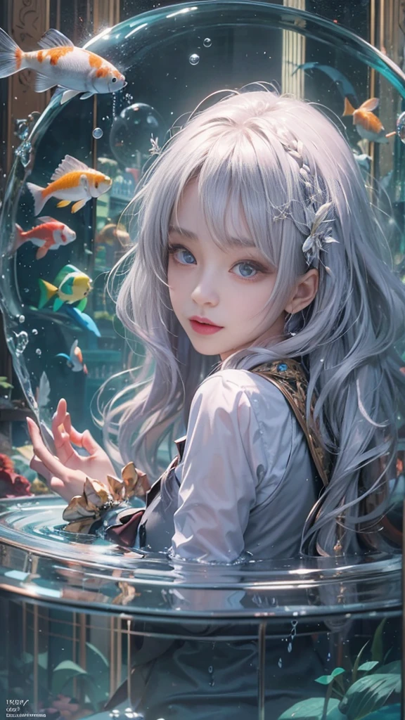 Best Quality, masutepiece, (Realistic:1.2), 1 girl, Detailed face, Beautiful eyes, [(Transparent background:1.5)::5],(((masutepiece))),(((Best Quality))),(((Extremely detailed))),Illustration, 1girll,Solo,Mysterious,vivd colour, shiny, Underwater transparent sealed hemispherical glass dome, (White hair),(Purple eyes), full body Esbian, Barefoot, Tranquility of long hair、naturey, Koi, under the water, dome, close up, Dynamic Actions, Lens perspective,(((Box configuration))),Sitting cross-legged，Leaning against the bookshelf, voluminetric lighting, multi-color eyes, Detailed eyes, ultra - detailed, lightsmile, Highly detailed, Beautiful, small detailed, ultra-detailliert, Best Quality, Convoluted, 4K, 8K, Trending on Art Station, Good anatomy, Beautiful lighting, Award-winning,