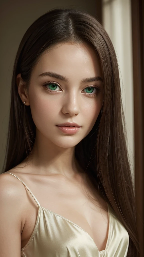 Portrait of a European woman standing in a poised pose, slightly leaning forward. She possesses a meticulous, attractive, and gentle face with an oval shape. Her seductive green eyes are slightly widened, enhancing her allure, and convey a gentle, slightly melancholic expression. Her long, straight hair is dyed in a vibrant green shade, elegantly framing her face in a frontal view. Her complexion is subtle and pale, harmonizing with her symmetrical features. She emanates a serene charm, adorned in a seductive silk nightgown