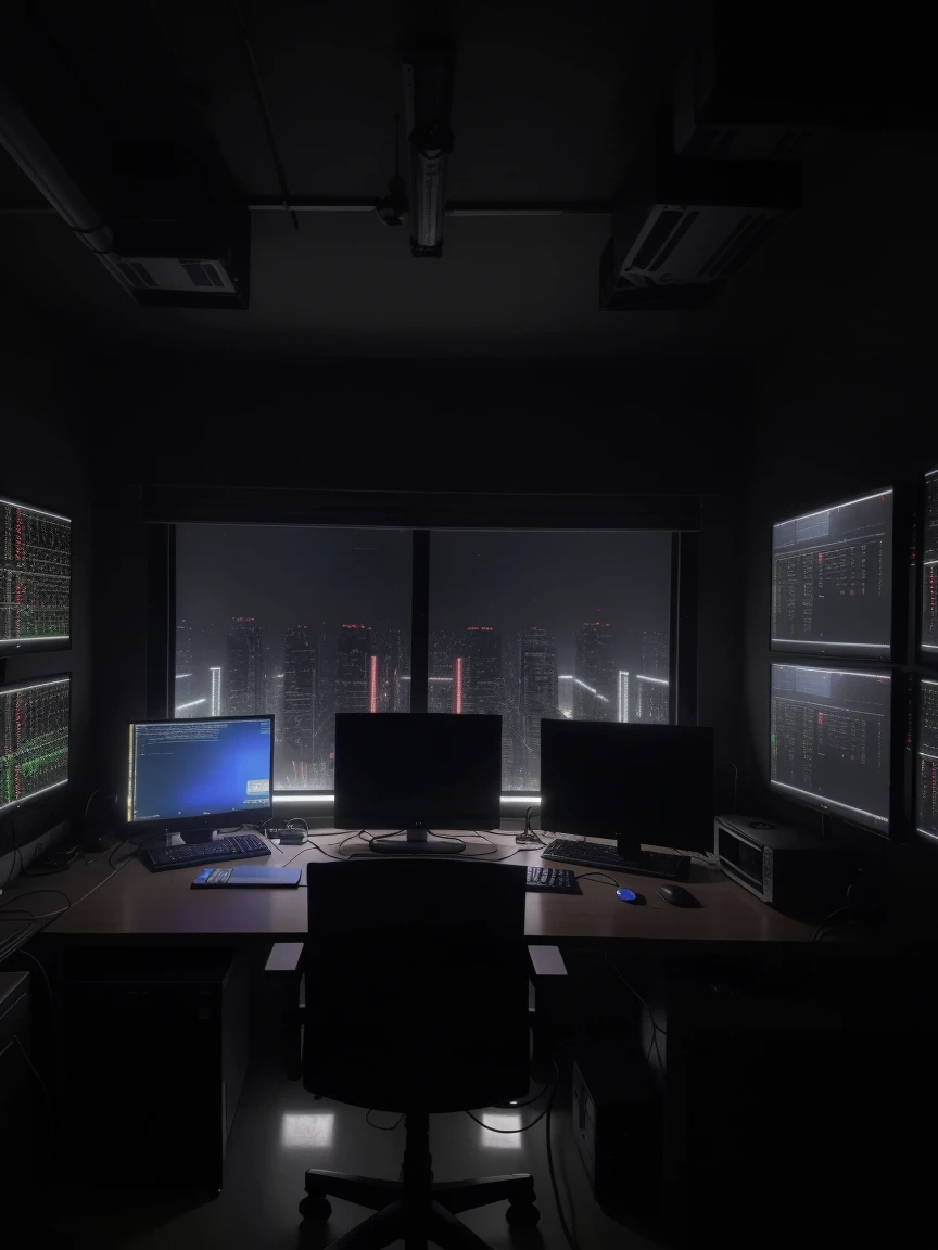 a hacker room that has a large server center RIGHT NEXT TO THE COMPUTER with cables and lights, a very robust dedicated server with a lot of technology, dark bedroom, low lighting, ultra realistic detail 8k (3 LARGE MONITORS) HIGHLIGHTING LARGE DEDICATED SERVERS HOSTS WITH HUGE INTERNET CAPACITY