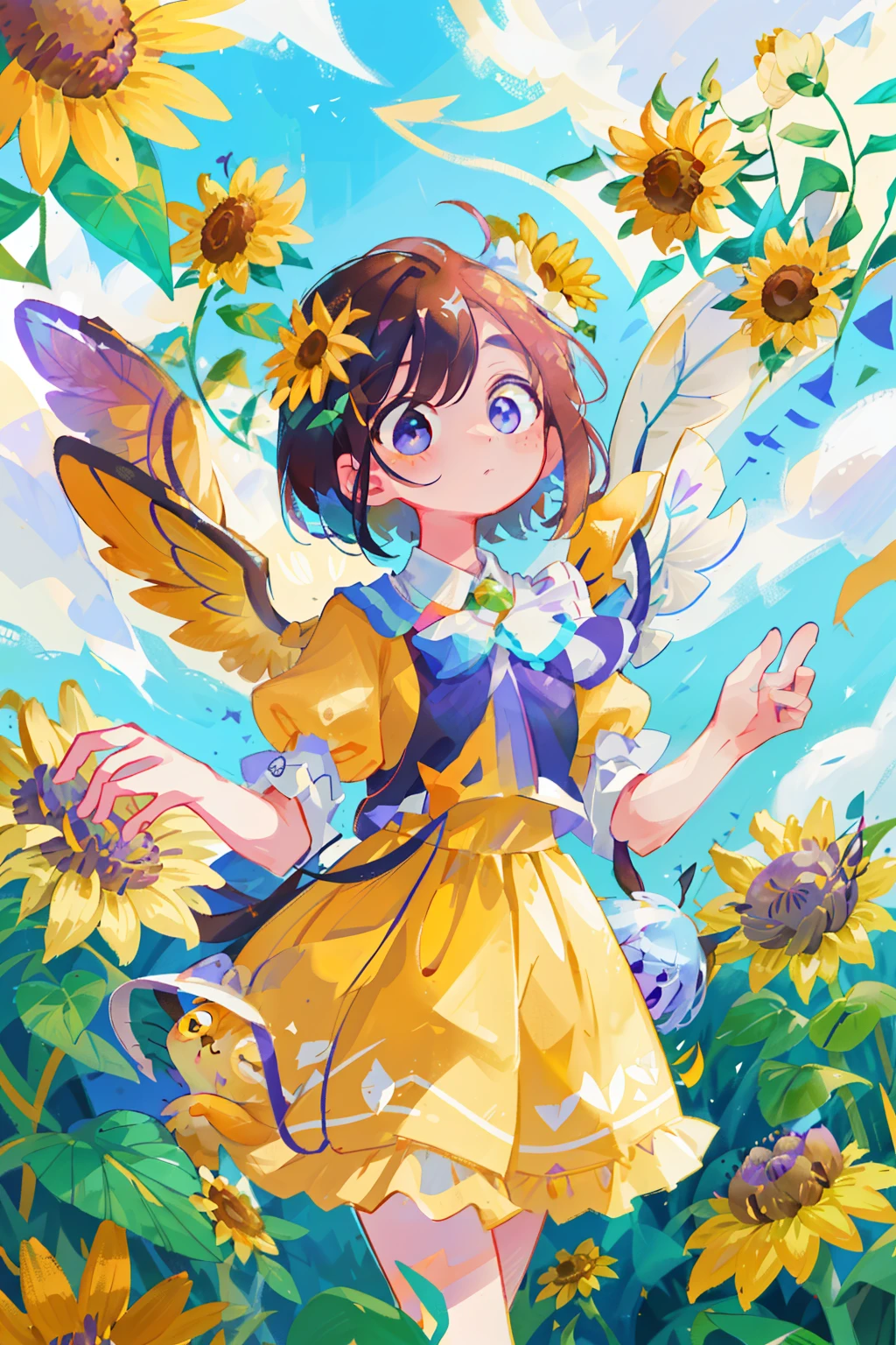 In this delightful scene, a charming bee is center stage, surrounded by a lush backdrop of vibrant flowers. The bee, with its round, fuzzy body and large, curious eyes, is depicted in a cute style, adding a playful charm to the image. The bee's wings are a beautiful blend of yellow and black, fluttering gently as it moves from one flower to another.

The background is a spectacle of color, filled with various types of flowers. Daisies, roses, sunflowers, and lilies are among the many blooms that create a riot of colors – from bright yellow to soft pinks and reds, and deep purples