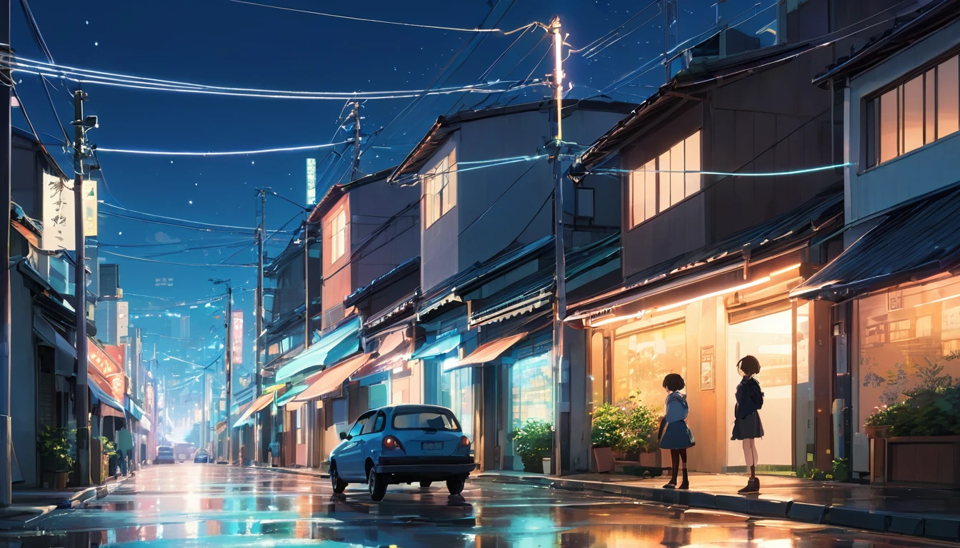 Um cenário urbano com luzes de néon, ruas tranquilas e um céu estrelado, estilo anime ((makoto shinkai)), makoto shinkai background anime full hd, conceptual artwork, tumblr, magical realism, cute anime, anime full hd