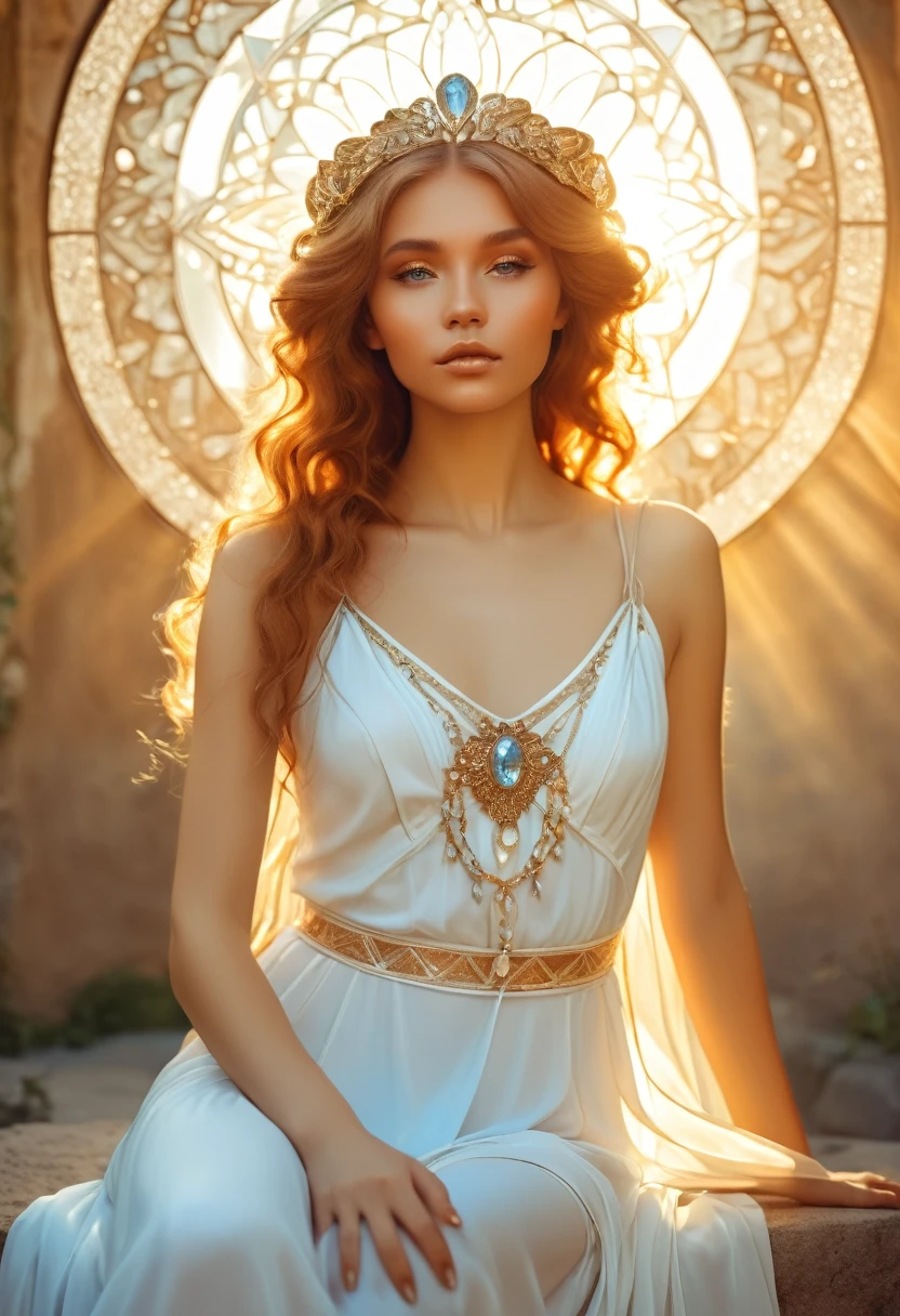 Beautiful girl, goddess of topaz, sitting in a thoughtful pose, dreamy look, looks directly at the viewer, hair illuminated by the rays of the evening sun, in the style of Alphonse Mucha