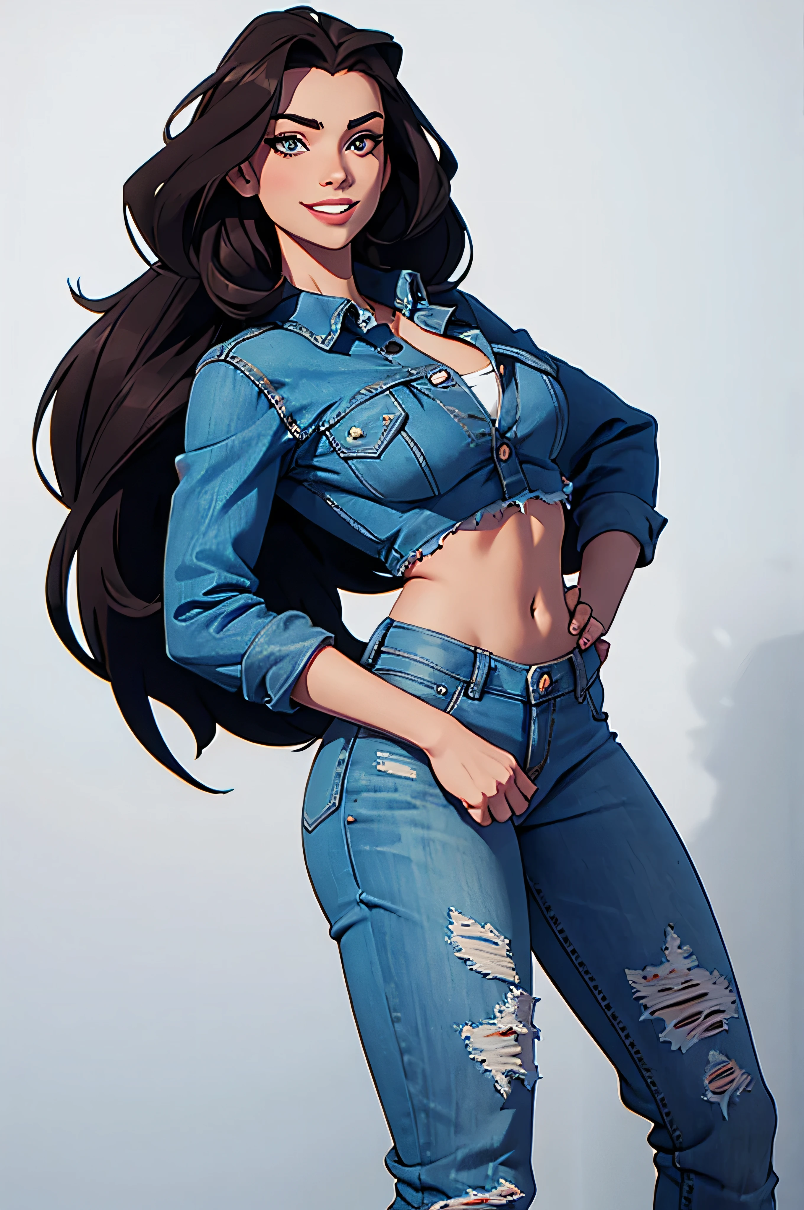 cartoon, tall, american facial features, Gorgeous and sultry busty, happy, dark long brunette, straight hair, sharp facial features, big smile, white teeth, slim athletic, large breasts and a long face, dark blue ripped jeans, ice hockey shirt. One character only