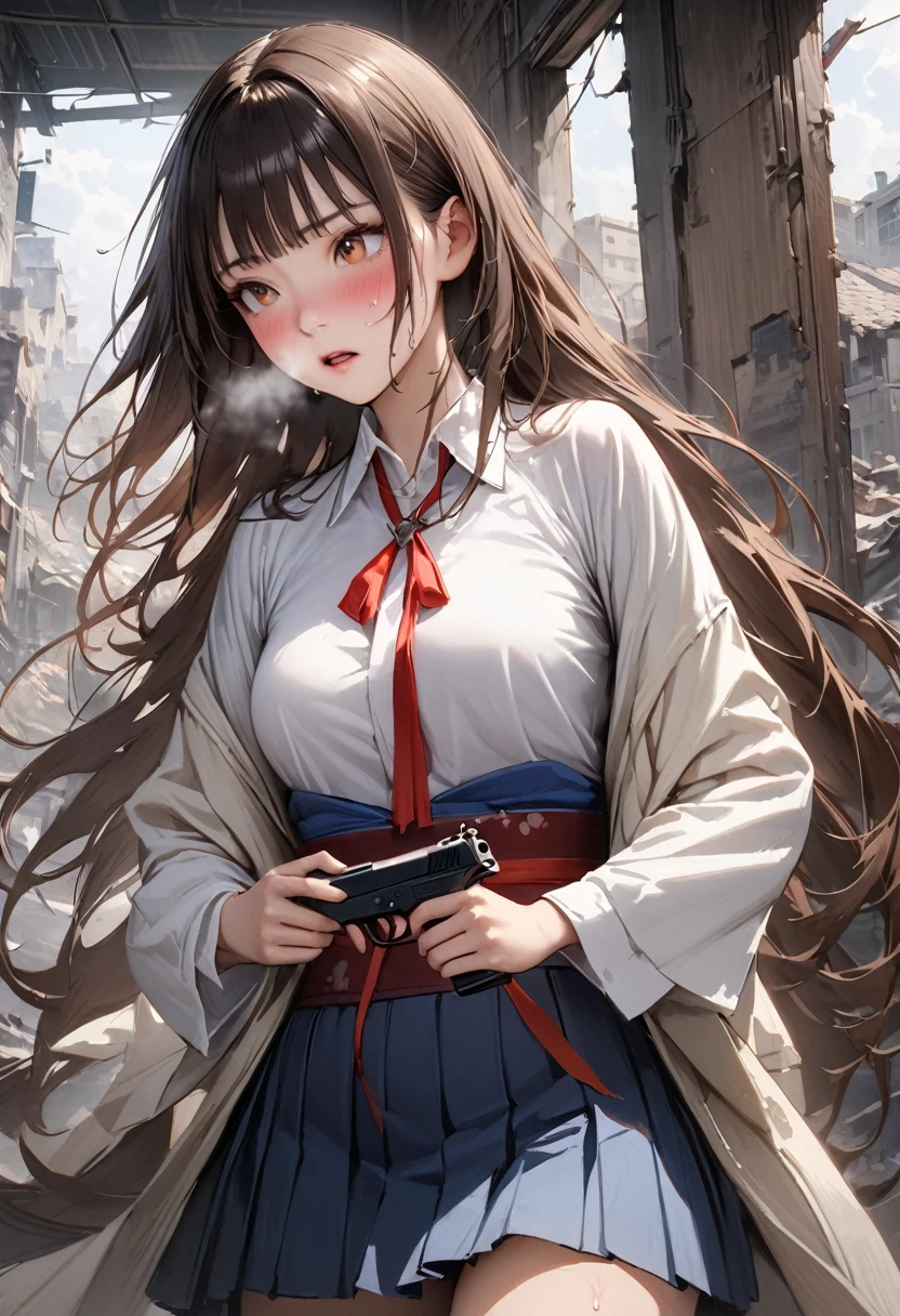 Action Scenes、((A detailed depiction of a woman holding a handgun))、((masterpiece,Highest quality:1.3,best quality illustratio)),realistic,cowboy shot,独奏,1woman,(20-year-old、Japanese Beauty),dark brown hair,long hair,bangs,brown eyes,gorgeous eyes,(very small head:1.3),blush,Heavy breathing,(very long body:1.2,skinny),medium breasts,(Red ribbon tie、White long sleeve collared shirt、Navy blue pleated mini skirt),gleaming skin,toned body,slender body,sweat,Run,Ruined city、Collapsed building、、World of Blade Runner、