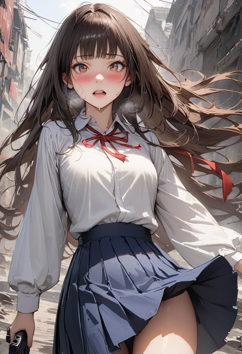 Action Scenes、((A detailed depiction of a woman holding a handgun))、((masterpiece,Highest quality:1.3,best quality illustratio)),realistic,cowboy shot,独奏,1woman,(20-year-old、Japanese Beauty),dark brown hair,long hair,bangs,brown eyes,gorgeous eyes,(very small head:1.3),blush,Heavy breathing,(very long body:1.2,skinny),medium breasts,(Red ribbon tie、White long sleeve collared shirt、Navy blue pleated mini skirt),gleaming skin,toned body,slender body,sweat,Run,Ruined city、Collapsed building、、World of Blade Runner、