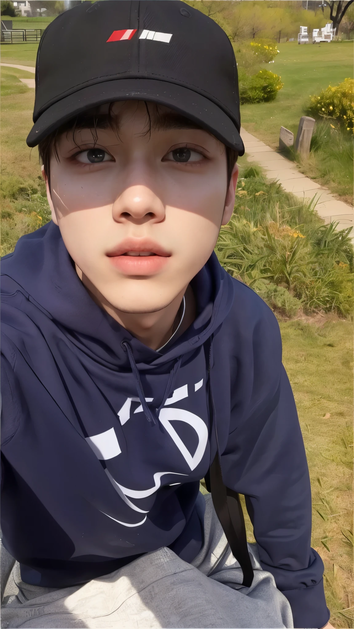 sharp boy with black hat and blue sweatshirt, park Jimin, accurate Jimin face, Jimin\the full lips, Jimin, Jimin\the Greek nose, Jimin\the right eyelid is swollen, Kim Doyoung, in a park, jung jaehyun, spring day, with a park in the background, adorable and pale korean face, park in background