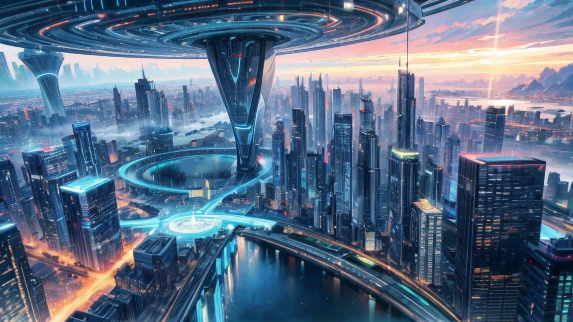 (Best quality,4K,8K,A high resolution,Masterpiece:1.2),Ultra-detailed,(Realistic,Photorealistic,photo-realistic:1.37),Futuristic floating city,Futuristic technology,Huge urban high-tech tablet platform,Airship,Floating in the sky,Futuristic city,Small airships around,High-tech hemispherical platform,Colorful lights,Advanced architecture,modernn architecture,skyscrapper,Access the cloud,Scenic beauty,view over city,Impressive design,Blend seamlessly with nature,energetic and vibrant atmosphere,Futuristic transportation system,Parking is suspended,Transparent path,Lush greenery,Sky gardens,cascading waterfalls,Magnificent skyline,reflections on the water,Sparkling river,Architectural innovation,futuristic skyscrapers,Transparent dome,The shape of the building is unusual,Elevated walkway,Impressive skyline,Glowing lights,Futuristic technology,Minimalist design,Scenic spots,Panoramic view,Cloud Piercing Tower,Vibrant colors,epic sunrise,epic sunset,Dazzling light display,magical ambiance,The future city,Urban Utopia,LuxuryLifestyle,Innovative energy,sustainable development,Smart city technology,Advanced infrastructure,Tranquil atmosphere,Nature and technology live in harmony,Awesome cityscape,Unprecedented urban planning,Architecture connects seamlessly with nature,High-tech metropolis,A cutting-edge engineering marvel,The future of urban living,Visionary architectural concept,Energy-efficient buildings,Harmony with the environment,A city floating above the clouds,Utopian dreams become reality,The possibilities are endless,State-of-the-art transportation network,Green energy integration,Innovative materials,Impressive holographic display,Advanced communication system,Breathtaking aerial view,Quiet and peaceful environment,Modernist aesthetics,Ethereal beauty