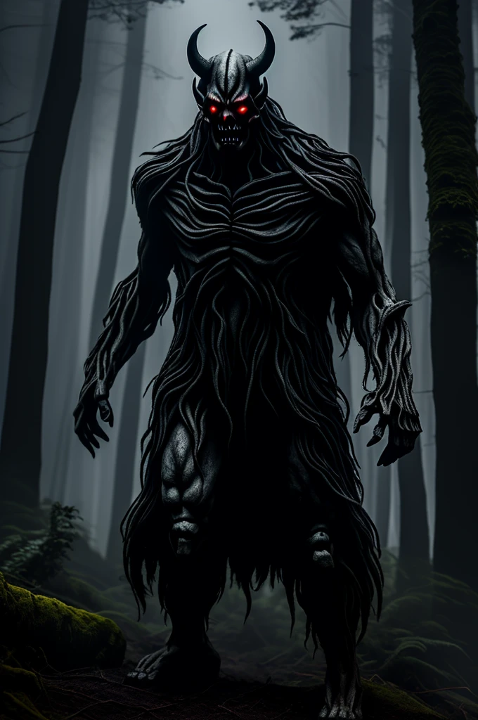 Faceless humanoid demon, standing in the dark forest