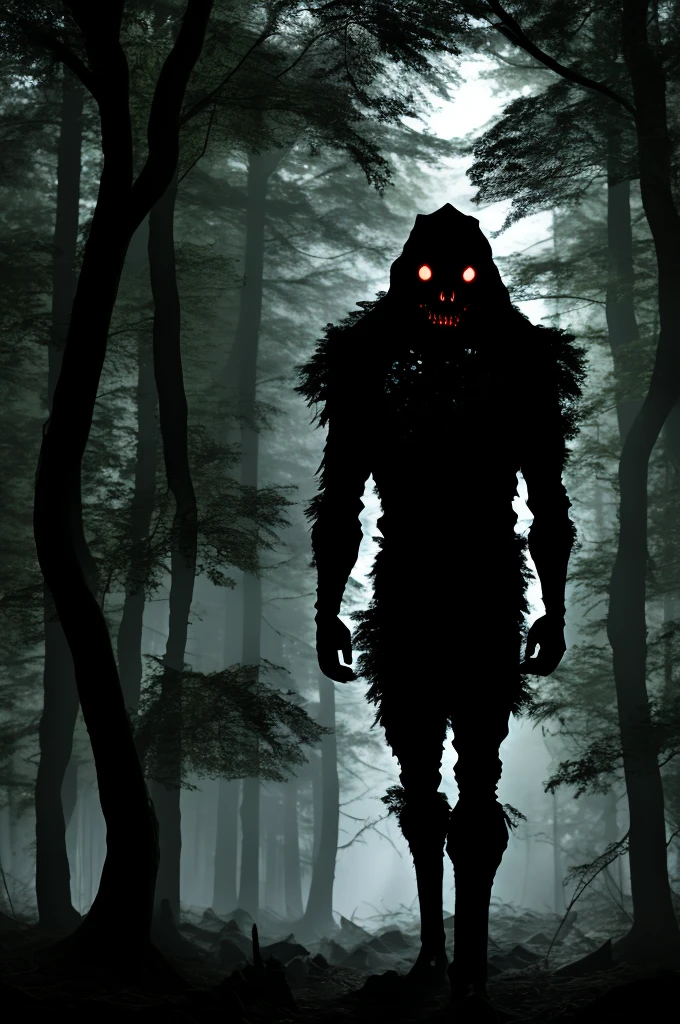 Faceless humanoid demon, standing in the dark forest