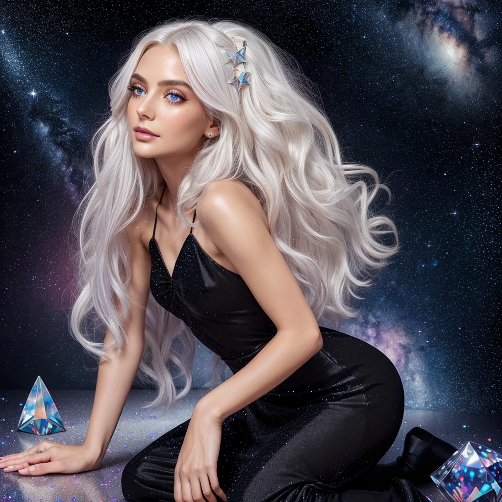 {-erro_de_anatomia:1.0} masterpiece, highest quality, (perfect face:1.1, (high detail)1.1, sweet stardust vampire , long soft white hair, opal eyes, perfectly drawn face, black dress, stars detailed background, prismatic lighting, glitter, whole bod., Very sexy, kneeling holding a crystal star in her hands, backwards, looking back roshne