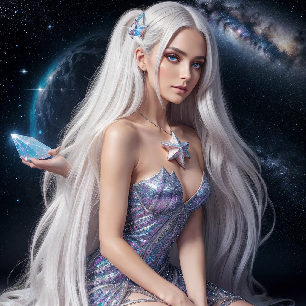 {-erro_de_anatomia:1.0} masterpiece, highest quality, (perfect face:1.1, (high detail)1.1, sweet stardust vampire , long soft white hair, opal eyes, perfectly drawn face, black dress, stars detailed background, prismatic lighting, glitter, whole bod., Very sexy, kneeling holding a crystal star in her hands, backwards, looking back roshne