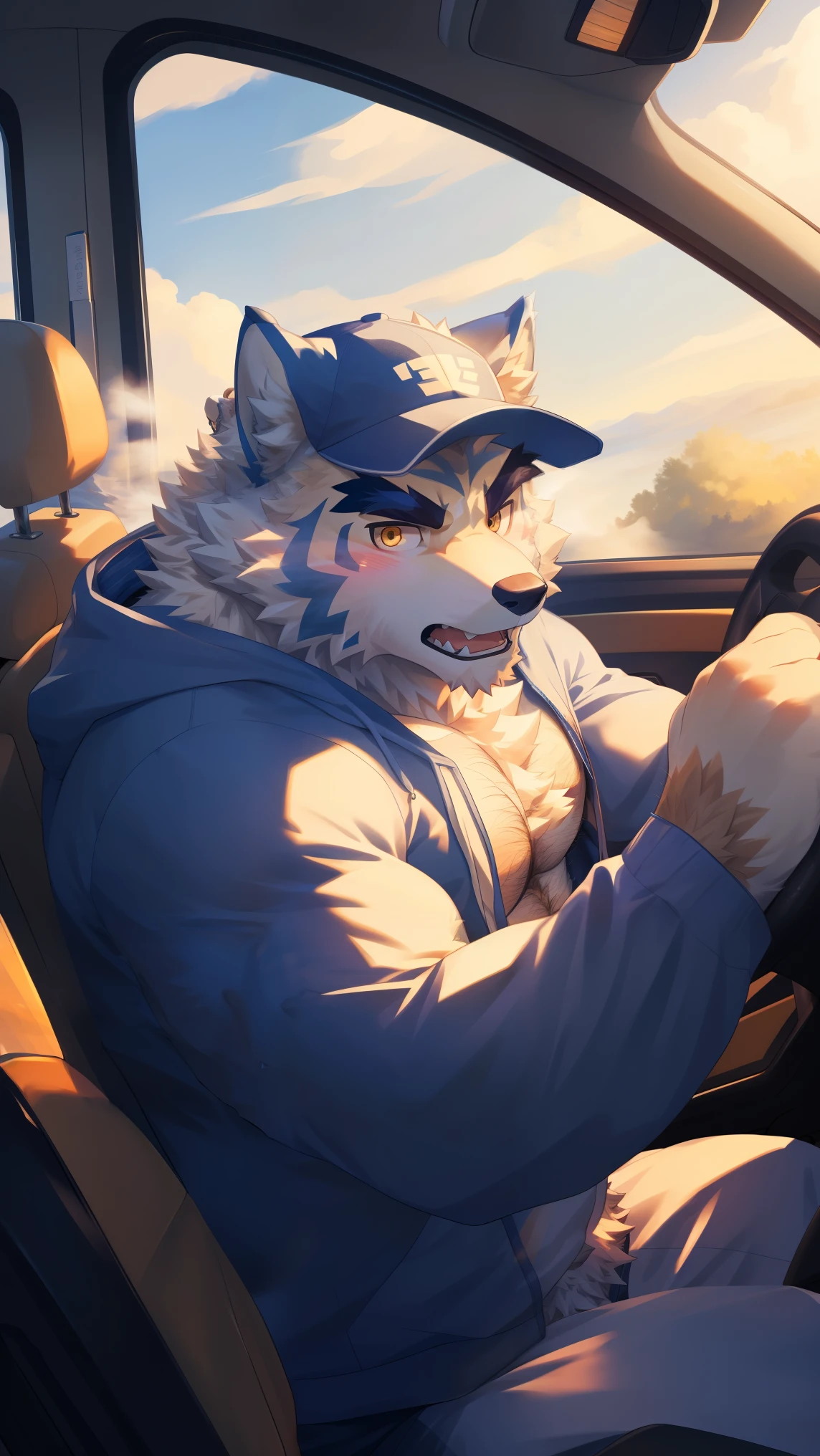 (Vision:1.5), solitary, anthropology, hairy, hairy male, Wolf, ((Fluffy fur, Fluffy, hairy body)), (wolf print), (Thick eyebrows), youth, muscular, White pectoral muscles, White fur, Golden pupils, Detailed teeth, defaced face, fundos, driver, Blue Plaid Hoodie, Baseball cap, cab里, Driving, sideways, Serious expression, blush, (Dynamic poses:1.5), Clear facial features, Strong, majestic, alone, panoramic, Fog atmosphere, early morning, Tyndall Light Effect, cab, Sunlight through the car window, (By Empty Ghost, From wolf20, masterpiece, high quality, high resolution,8K)
