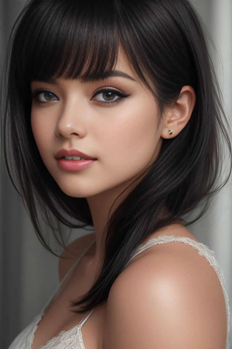 (masterpiece, best quality:1.2),bellissima, 1girl, black hair, blunt bangs, blue eyes, eyeliner, lips, lipstick, sexy smile, realistic