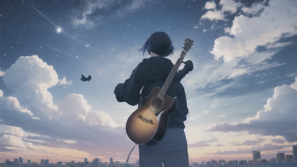 Acoustic guitar,真っ暗なnight空,Octane, star (null), scenery, Blue parakeet,Acoustic guitarは身体の前,star, night, Girl, Back view, Outdoor, city,Blue parakeet,building, cloud, milky way,silhouette