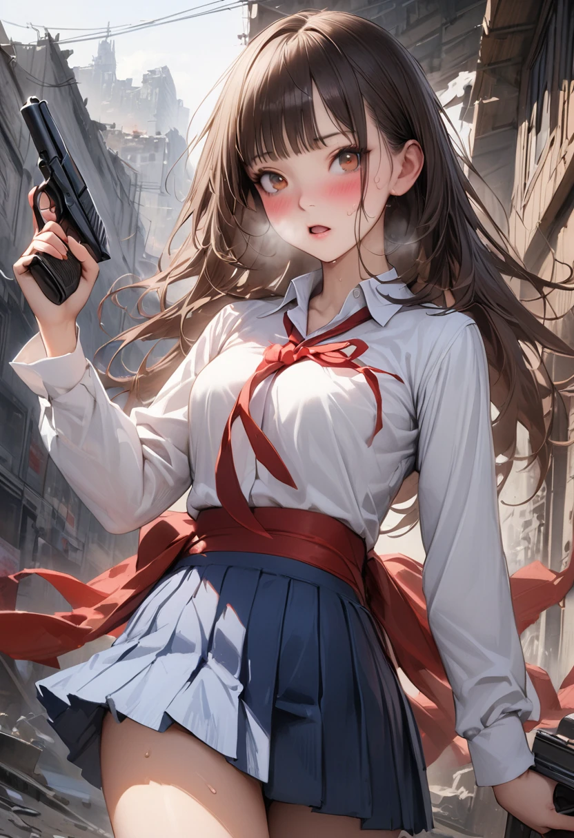 Action Scenes、((A detailed depiction of a woman holding a handgun))、((masterpiece,Highest quality:1.3,best quality illustratio)),realistic,cowboy shot,独奏,1woman,(18-year-old、Japanese Beauty),dark brown hair,long hair,bangs,brown eyes,gorgeous eyes,(very small head:1.3),blush,Heavy breathing,.(very long body:1.2,skinny),medium breasts,(Red ribbon tie、White long sleeve collared shirt、Navy blue pleated mini skirt),gleaming skin,toned body,slender body,sweat,(shooting、Shoot a gun),Ruined city、Collapsed building、、World of Blade Runner、