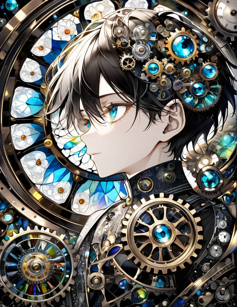best quality, super fine, 16k, incredibly absurdres, extremely detailed, delicate and dynamic, stained glass kaleidoscope made of jewels of various colors, with mechanical mechanisms, clockwork mechanisms, and gear mechanisms, monochrome boy peering into it, iridescent world artwork 
