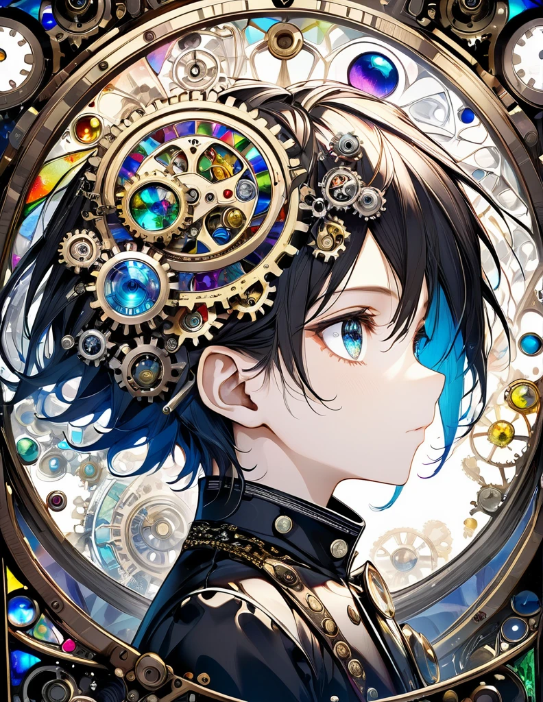 best quality, super fine, 16k, incredibly absurdres, extremely detailed, delicate and dynamic, stained glass kaleidoscope made of jewels of various colors, with mechanical mechanisms, clockwork mechanisms, and gear mechanisms, monochrome boy peering into it, iridescent world artwork