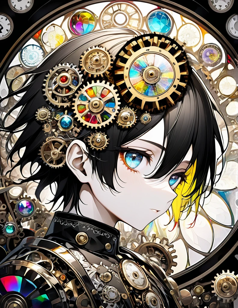 best quality, super fine, 16k, incredibly absurdres, extremely detailed, delicate and dynamic, stained glass kaleidoscope made of jewels of various colors, with mechanical mechanisms, clockwork mechanisms, and gear mechanisms, monochrome boy peering into it, iridescent world artwork