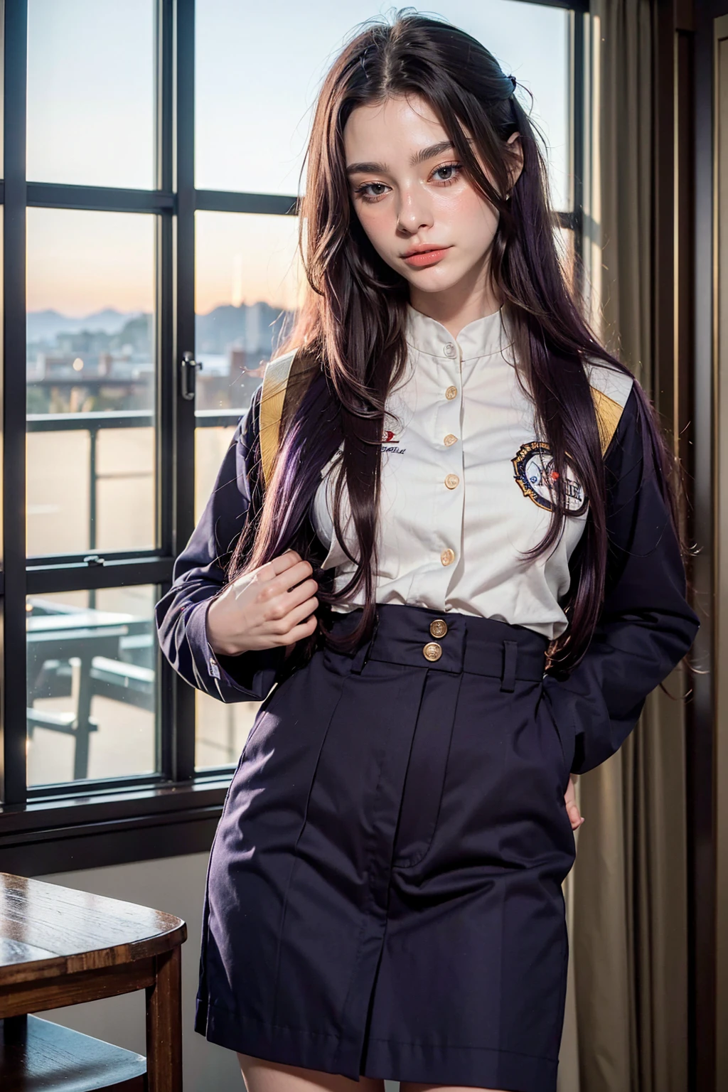 (1 lady), (Best quality at best:1.4), (ultra - detailed), (extremely detailed CG unified 16k), A Beautiful Woman with Perfect Figure: 1.4, Sharp Focus: 1.2, very detailed, High-definition RAW color photo, professional photoshooting, amazing face and eyes, (amazingly beautiful girl), ((masterpiece)), realistic cinematic face, head to feet long wide zoomed out view, full body long view, photorealistic, ((highres)), ((detailed background)), sunset, (ichinose kotomi), gorgeous, extremely beautiful face, perfect model beauty, Highly Detailed Face and Skin Texture, Detailed Eyes, Double Eyelids, ((kotomi uniform, hikarizaka uniform, sch00l uniform, formal uniform)), ((realistic natural purple hair style, purple eyes, long hair, hair ornaments)), tarankaaa, not Dasha Taran, library background, extremely detailed, blurred background, depth of field, cinematic lighting, amazing legs, clear and well-cared skin, athletic, big proportions body, looking at viewer, best hands of the internet