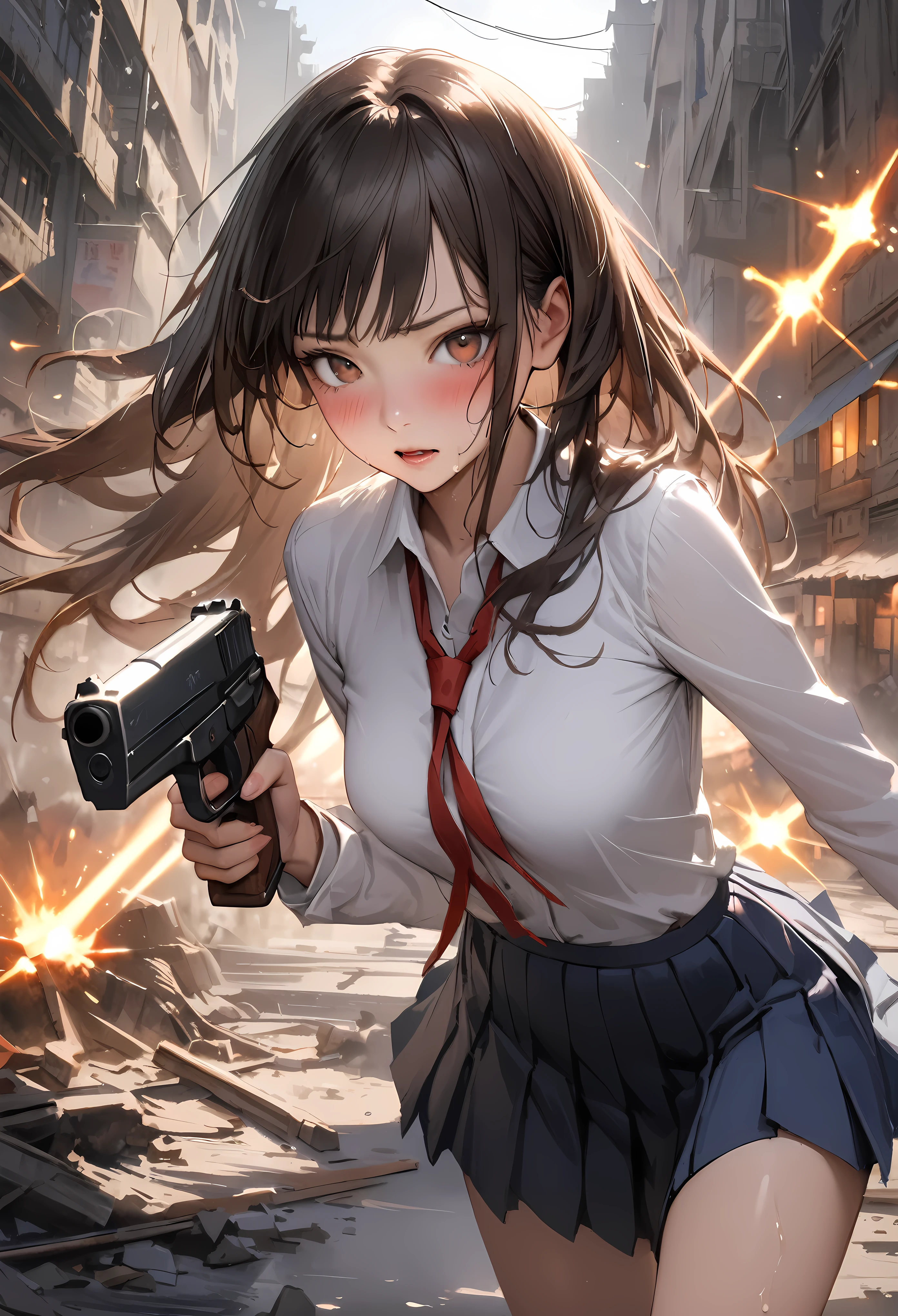 Action Scenes、((A detailed depiction of a woman holding a handgun))、((masterpiece,Highest quality:1.3,best quality illustratio)),realistic,cowboy shot,solo,1woman,(18-year-old、Japanese Beauty),dark brown hair,long hair,bangs,brown eyes,gorgeous eyes,(very small head:1.3),blush,Heavy breathing,.(very long body:1.2,skinny),medium breasts,(Red ribbon tie、White long sleeve collared shirt、Navy blue pleated mini skirt),gleaming skin,toned body,slender body,sweat,(shooting、Firing stance),Ruined city、Collapsed building、、World of Blade Runner、