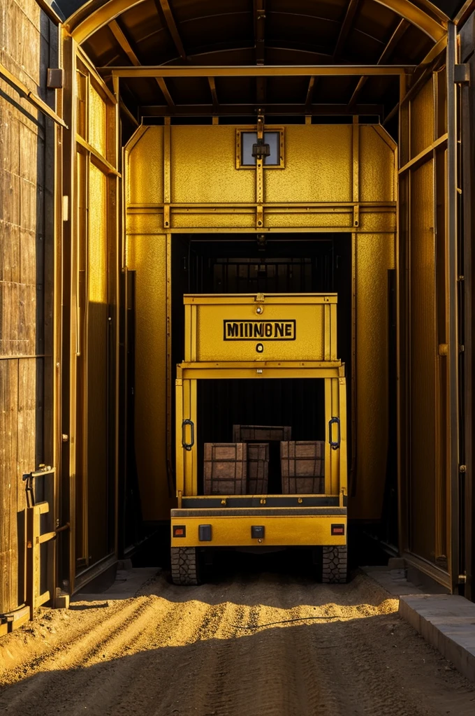 Entrance to a mine full of gold and diamonds on the sides of the door with a mining cart