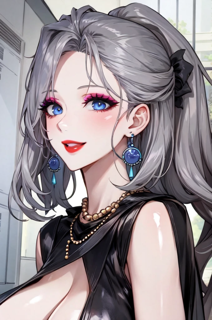 score_9, score_8_up, score_7_up, score_6_up, score_5_up, score_4_up, yu smiling, , detailed face, big silver jhumka earrings, makeup,white skin,sharp jawline ,big earrings, bracelet, delicate necklace ,big breasts,blue eyes ,red lipstick, leather dress