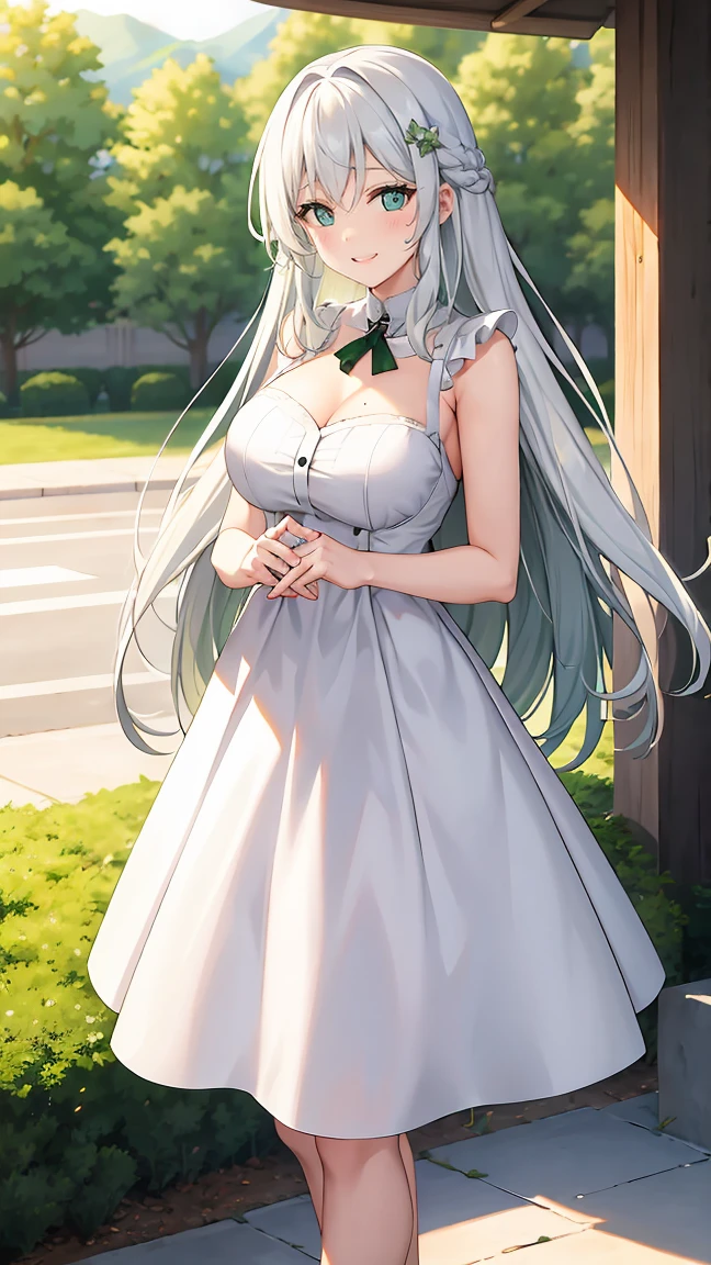 Girl with long green hair,Inner color and white hair、 Beautifully shaped breasts with tension, Green Eyes, White Casual Wear Beauty Special、,Full body photo from head to toe、Dignified、Proud person、Attractive adult woman、Confident expression、Smug face、Sharp Eyes、(Sister)、Older sister、Help when you need it、Rigid personality、Innocent、Emotionally rich facial expressions、(Standing with your legs apart)、