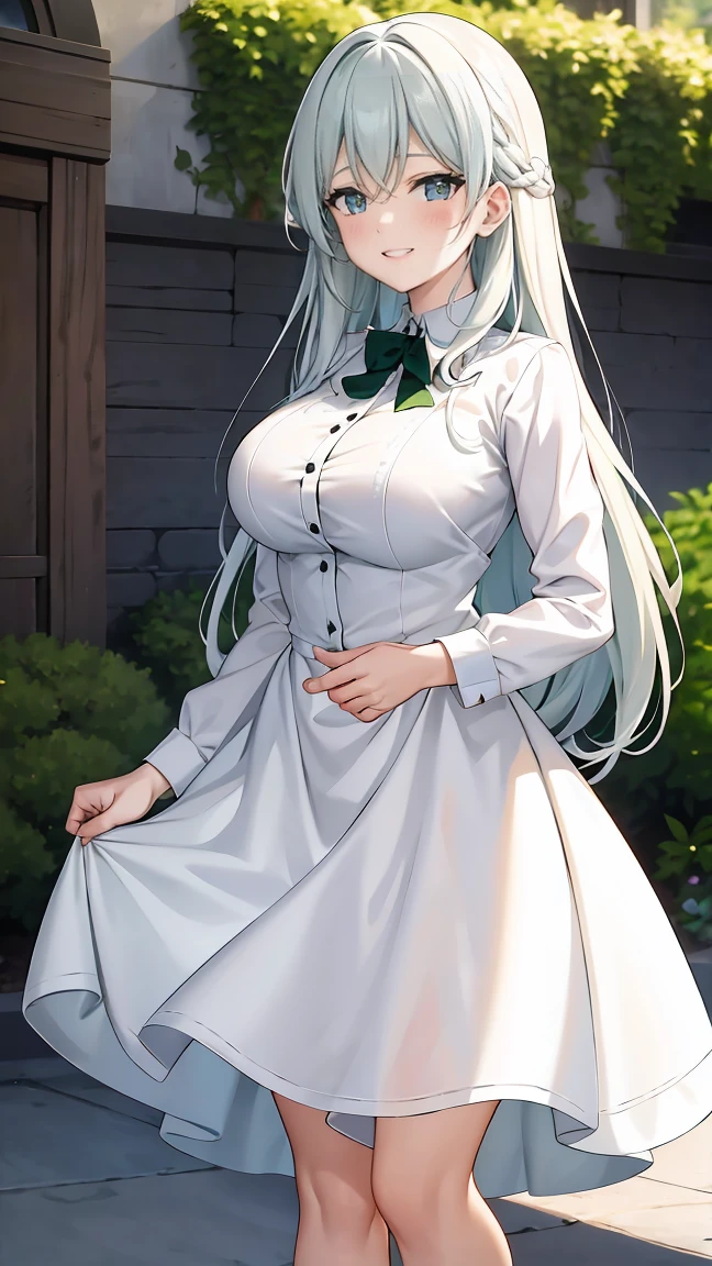 Girl with long green hair,Inner color and white hair、 Beautifully shaped breasts with tension, Green Eyes, White Casual Wear Beauty Special、,Full body photo from head to toe、Dignified、Proud person、Attractive adult woman、Confident expression、Smug face、Sharp Eyes、(Sister)、Older sister、Help when you need it、Rigid personality、Innocent、Emotionally rich facial expressions、(Standing with your legs apart)、