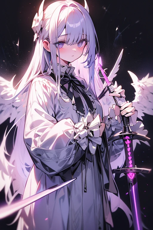 white gothic lolita angel of punishment, long white hair, purple eyes, 4 wings, (((((holding one longsword))))), mature, slim, tall, (best quality,4K,8K,mackerel,masterpiece:1.2),very detailed,(realistic,photorealistic,photo-realistic:1.37),intricate details,Contrast lighting,cinematic lighting,dramatic shadows,surreal,mysterious,ethereal,dark fantasy,detailed eyes