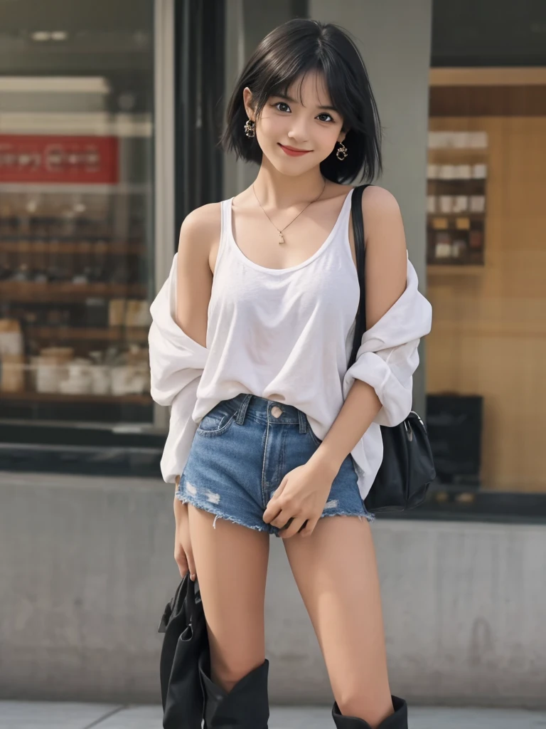 Highest quality, High resolution, girl, Small face,alone, Black Hair, Brown Eye, short hair, Cute Smile,Earrings, Denim mini skirt, White shirt with tank top, Small breasts, Cowboy Shot, She is wearing black short boots,ステージにaloneスポットライトを浴びている,Standing posture from feet to whole body,I have nothing in my hands,The bag is not hanging from the shoulder