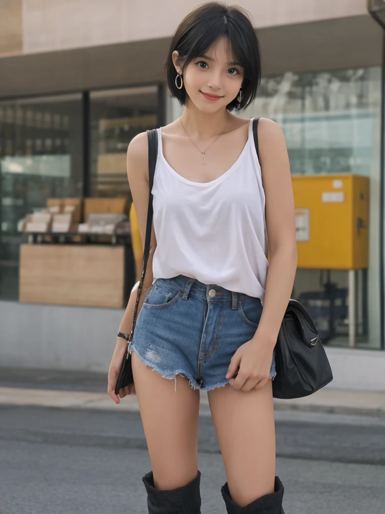 Highest quality, High resolution, girl, Small face,alone, Black Hair, Brown Eye, short hair, Cute Smile，Earrings, Denim mini skirt, White shirt with tank top,  Small breasts, Cowboy Shot, She is wearing black short boots，ステージにaloneスポットライトを浴びている,Standing posture from feet to whole body,I have nothing in my hands,The bag is not hanging from the shoulder