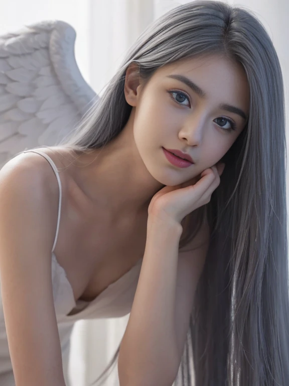 8K, Highest quality, Intricate details, Super Detail, super expensive resolution, masterpiece, Random Angle, slim, smile, (Finish up: 0.4), (Fluffy blue eyes: 1.21), Big Blue Eyes, View your viewers, ((whole body)), 1 Girl, alone, 1 Girl, (( whole body)), Close-up shot, , (((expensive ))), (((slim face))), Sharp Face, Sharp eyes, (((Gray Hair, Very long hair, ))), (Detailed face), Sharp Face, Small lips, ((Angel Wings)), ((See-through dress, nude)), Detailed face, Detailed chest, , big breasts, Butt details, , slimな腹筋が強調された美しい女の子 1.4, Six Pack Abs: 1.4, Breast Botox, big, Perfect body, Leg Details, (( In heaven)), 18-year-old, look much younger than his age