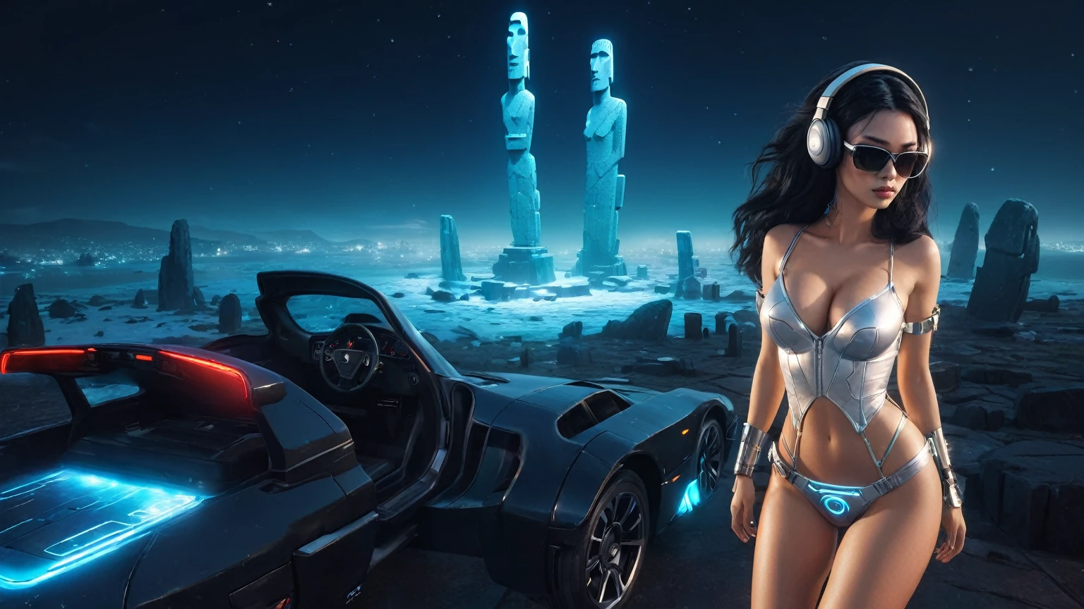 At night, dark sky, distant shot aerial view of fantasy cyberpunk style ice ((Moai-statue)) city, ((flying car)). ((1girl, solo, alone)), medium-breast:1.1 slim body, cleavage, sexy clothes, (headphone, black sunglasses, long black realistic hair), (((hip-up standing and holding pistol))), (((((half-body thigh level medium shot))))), cinematic lighting, lens flare, ray tracing.