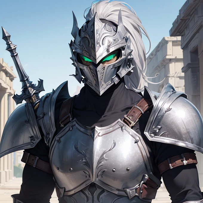 (absurdres, best high quality image, carefuly detailed features and textures, very detailed image, solo character alone, full character body and design, warcraft alliance faction-aestheric) {{(1character: adult male human foot knight), (face under the helmet visor), (greek styled steel silver helmet with golden trims, silver grey helmet's ponytail, huge bulky and prominent silver shoulder plates, bulky silver chest plate, silver steel elbow plates, silver steel gauntlets, silver steel armored hips, golden belt, silver steel boots, big silver broad sword with long sharped blade), (imponent pose, marching), (green hill plain, sunny blue sky)}}