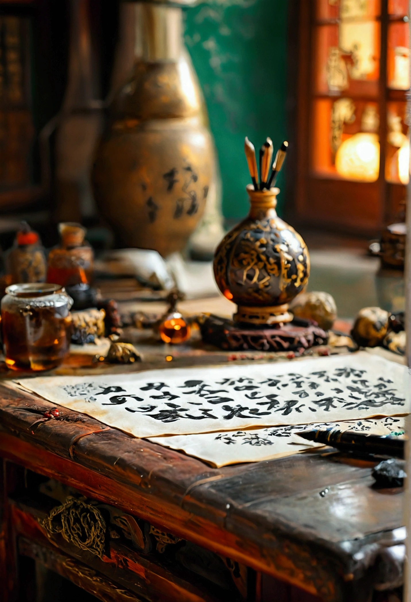 An old calligrapher sitting in his study, Focus, Holding a brush in right hand, There is a simple pen on the table, ink, Paper, ink, ink, Chinese