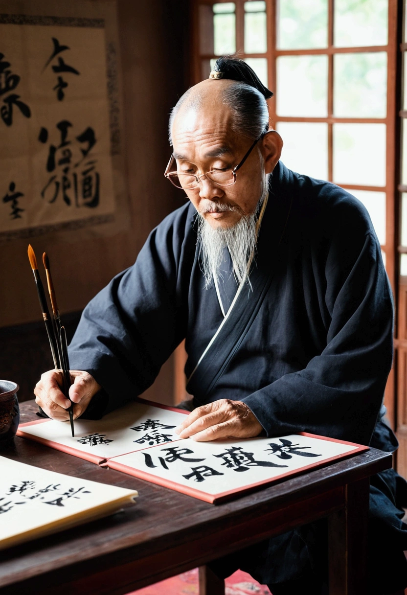 An old calligrapher sitting in his study, Focus, Holding a brush in right hand, There is a simple pen on the table, ink, Paper, ink, ink, Chinese