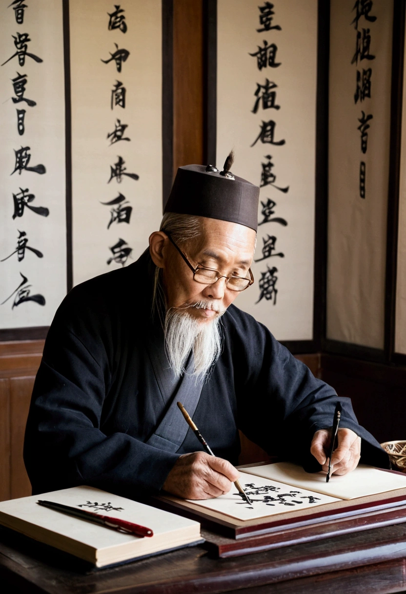 An old calligrapher sitting in his study, Focus, Holding a brush in right hand, There is a simple pen on the table, ink, Paper, ink, ink, Chinese