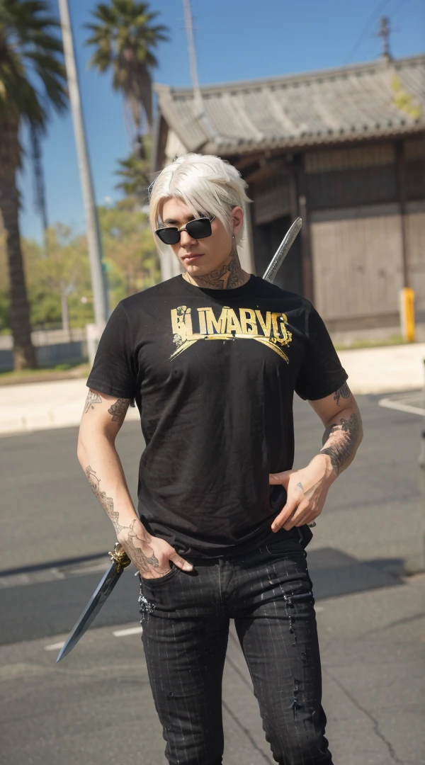 Best quality , 4K HD , realistic , tattoo , black t shirt , black skinny jeans , masterpiece , Japanese face, white hair , sword at the back of his body , black sunglasses ,