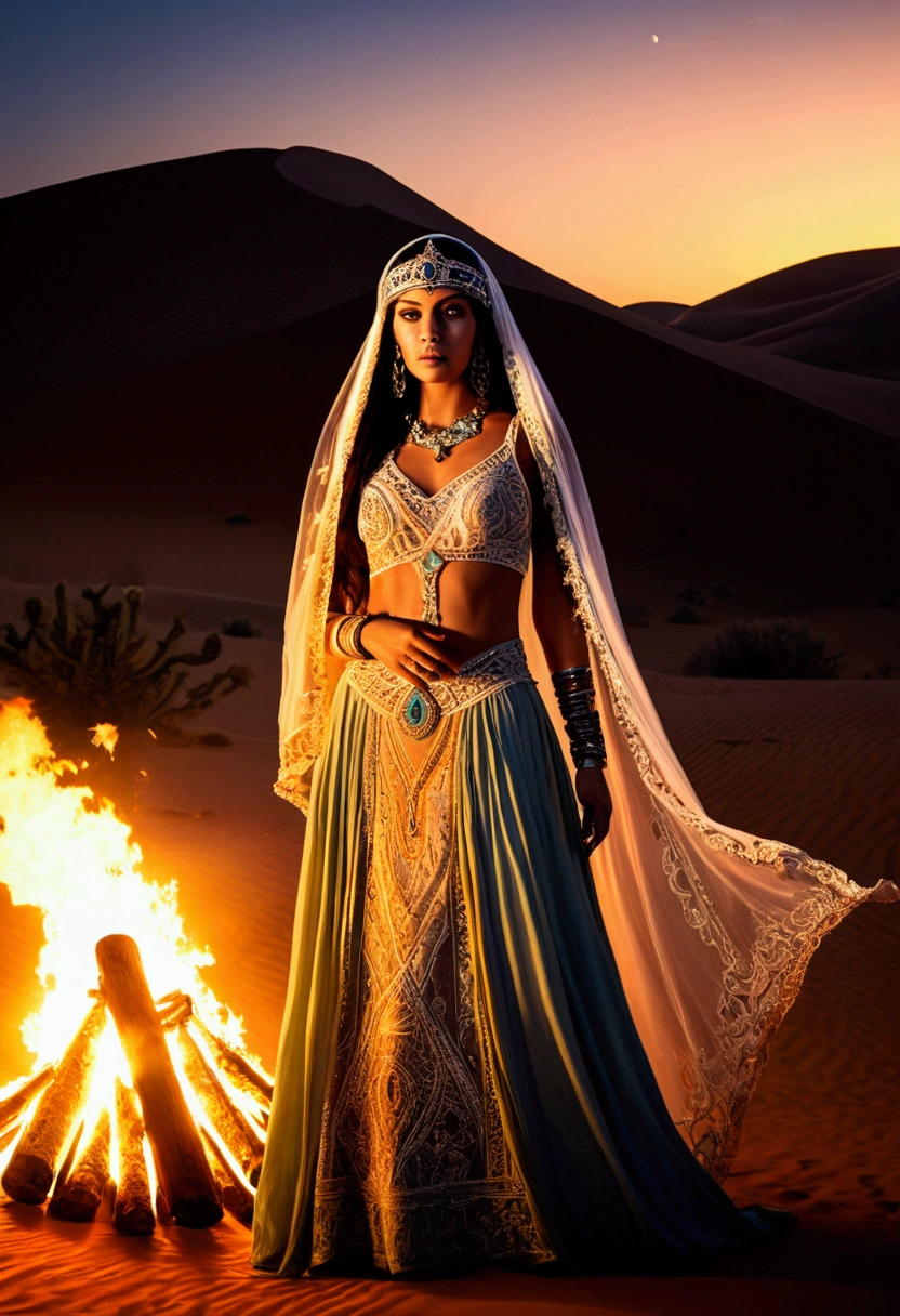 (a Desert Princess), In the moonlit desert, a desert princess dressed in a veil dances around a burning bonfire, the flames reflecting her face, with various mysterious totems and symbols in the background, full body, (Photography), panoramic view, award-winning, cinematic still, emotional, vignette, dynamic, vivid, (masterpiece, best quality, Professional, perfect composition, very aesthetic, absurdres, ultra-detailed, intricate details:1.3)