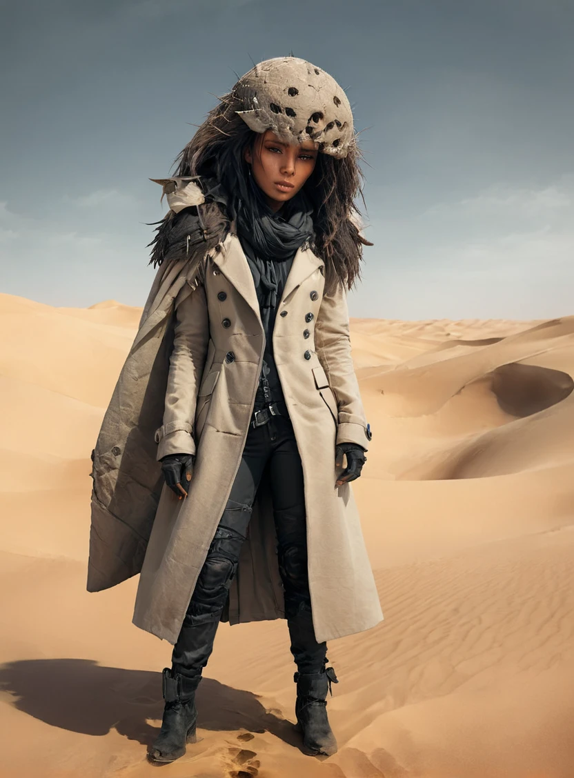 a beautiful woman in a long coat standing a desert, looking at the camera, with a giant worn head in the background , concept art, fantasy art 