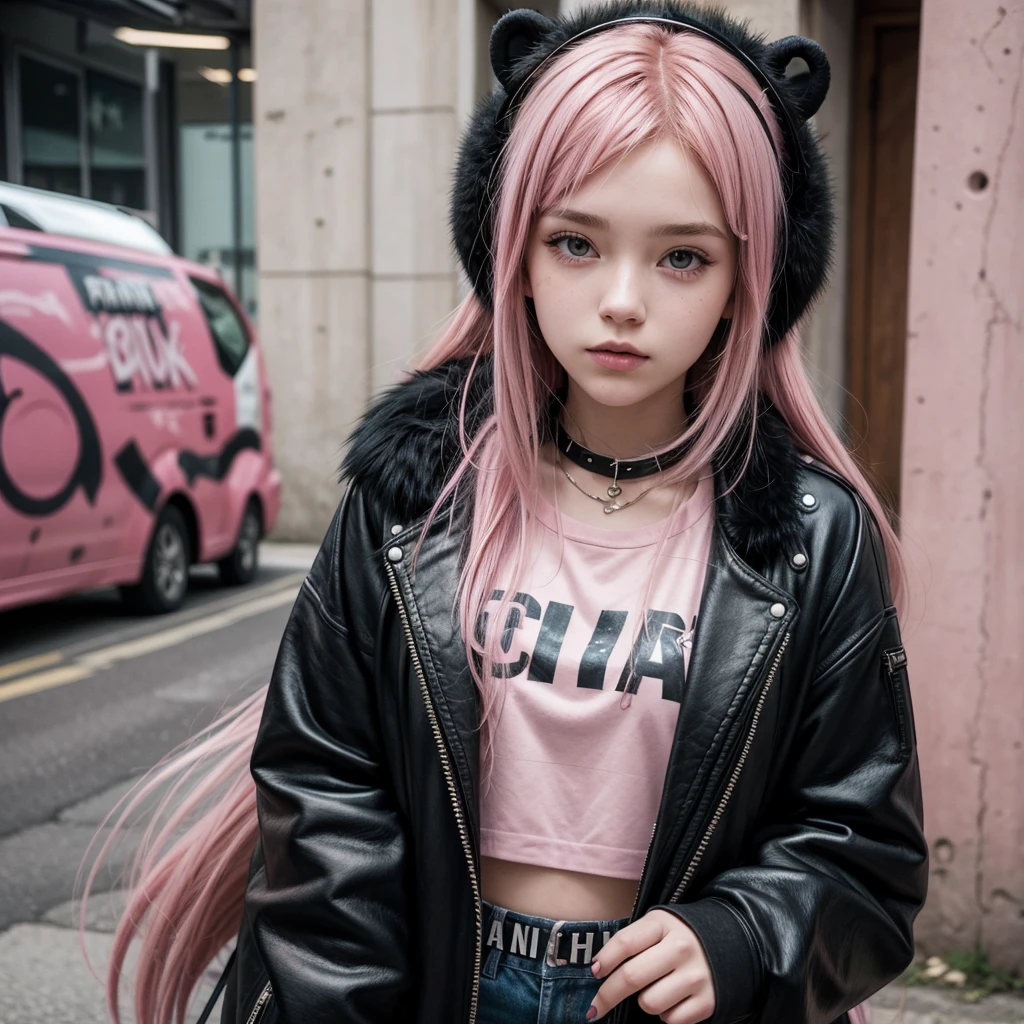 pink hair girl, pretty, brunette fur, is 17 years old. punk rock style, modern. It&#39;s in a country town, at the entrance of an American public school. Alguns students around. Wear eye makeup and red lipstick. half drag, Black jacke, white t-shirt with black writing. Your face is happy. A girl. In front of an American school. shorth hair. western face. public school, school facade, students around. Girl entering school