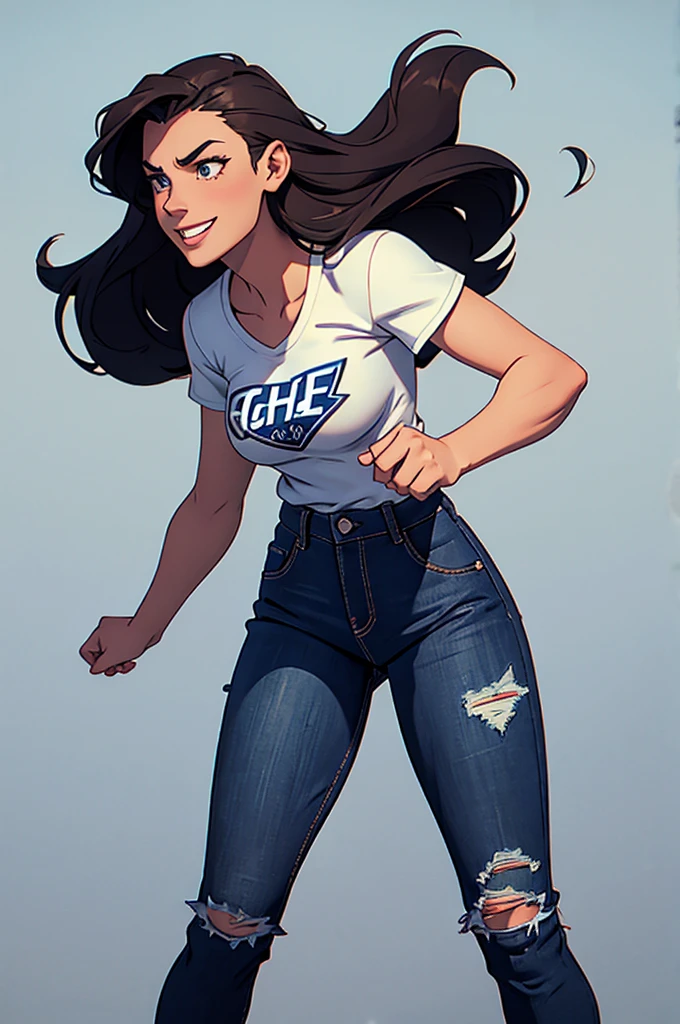 cartoon, tall, western facial features, Gorgeous and sultry busty, happy, dark long brunette, straight hair, sharp facial features, big smile, white teeth, slim athletic, large breasts and a long face, dark blue ripped jeans, ice-hockey t-shirt. One character only, isolated.