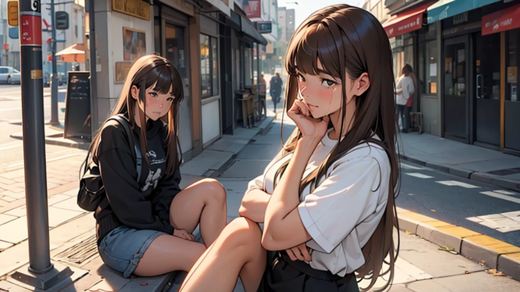 ((best quality)), ((work of art)), ((detailed)), woman, long brown hair with bangs, crying, sitting on the sidewalk