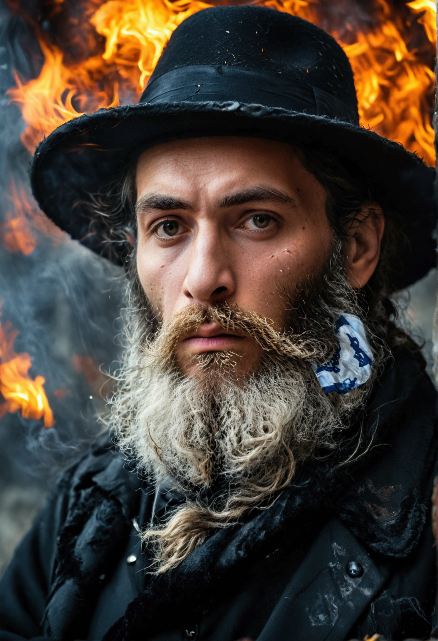 a stern-faced orthodox jewish man, long beard,black hat,long coat,setting an israeli flag on fire,dramatic lighting,dark and moody atmosphere,intricate details,ultra realistic,cinematic,award winning photograph